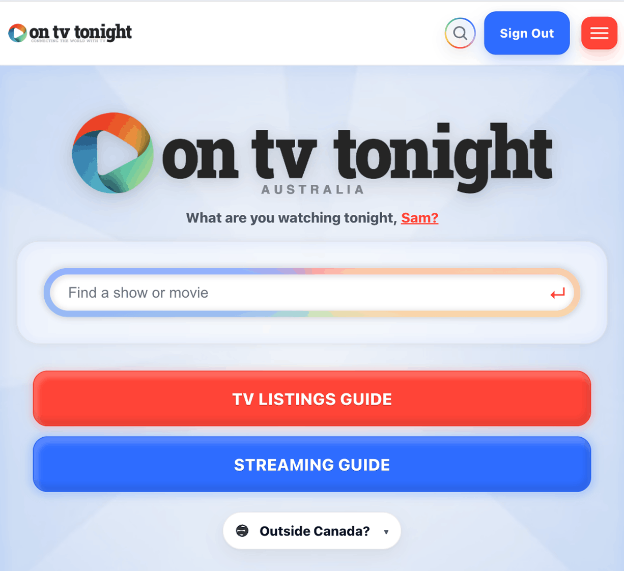 Screenshot of the On TV Tonight Australia homepage