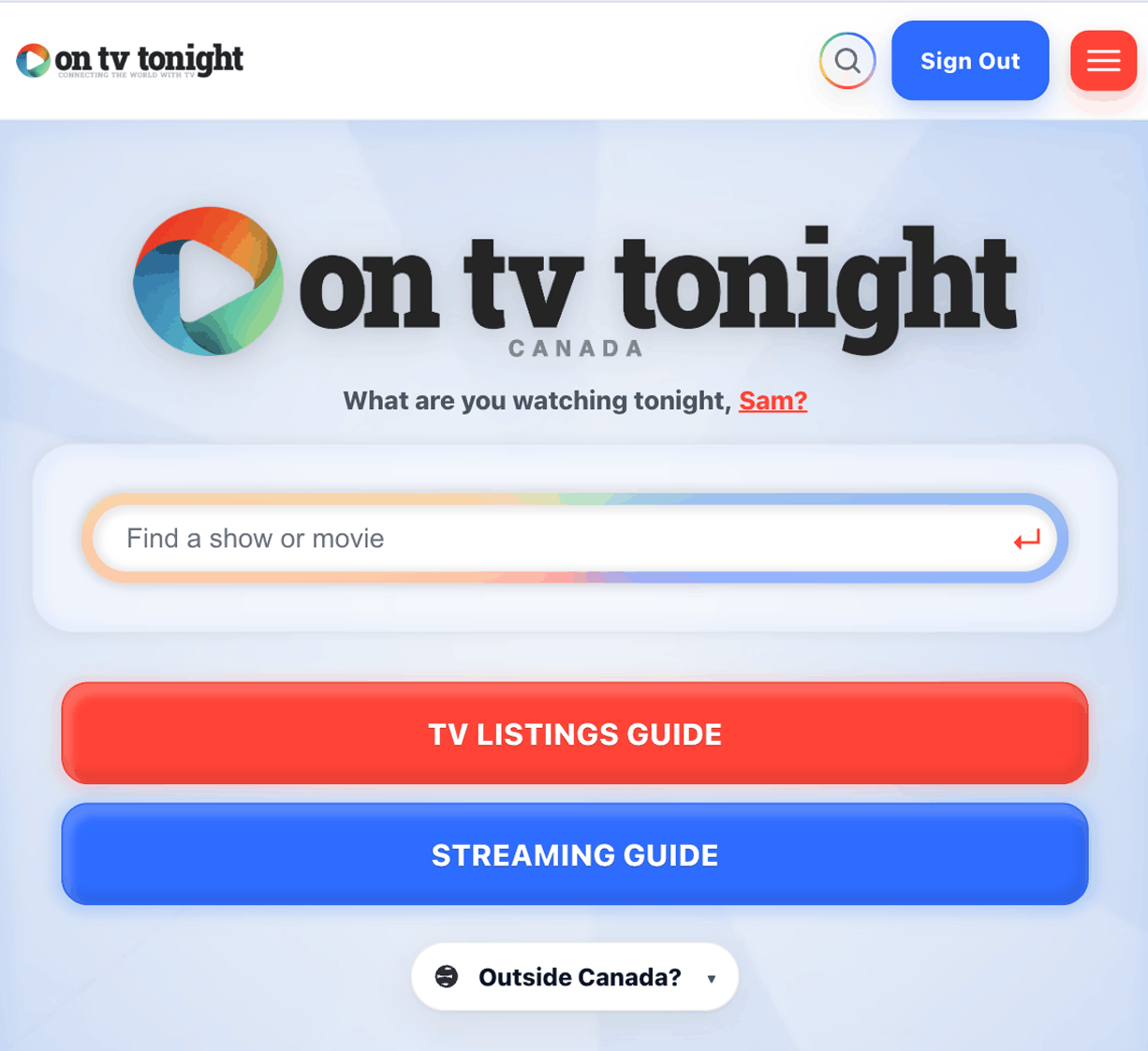 Screenshot of the On TV Tonight Canada homepage