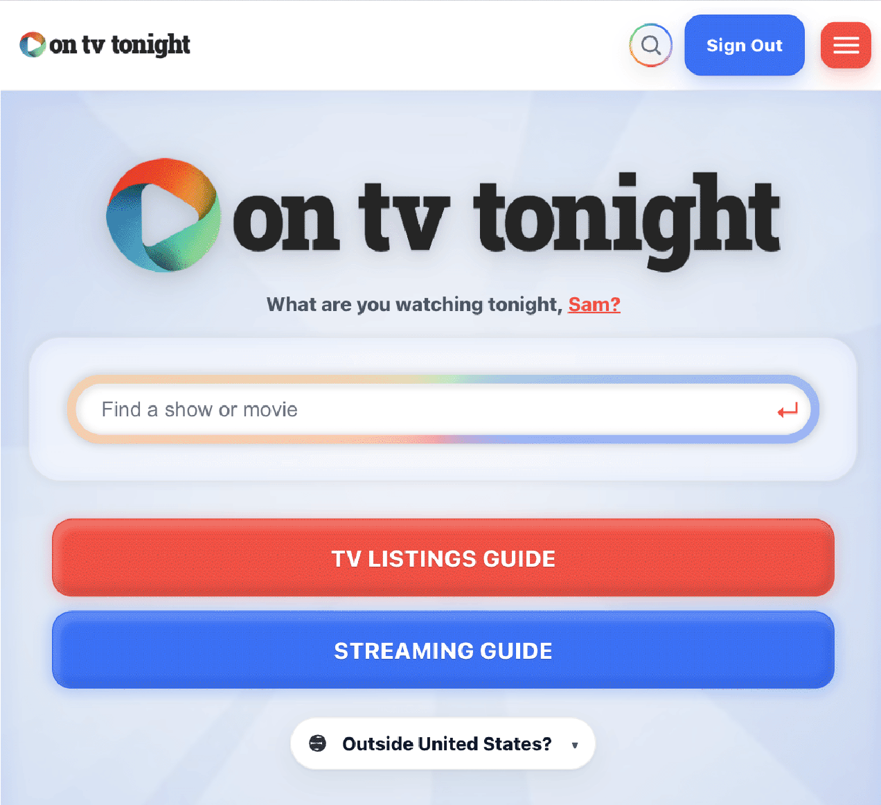 Screenshot of the On TV Tonight homepage
